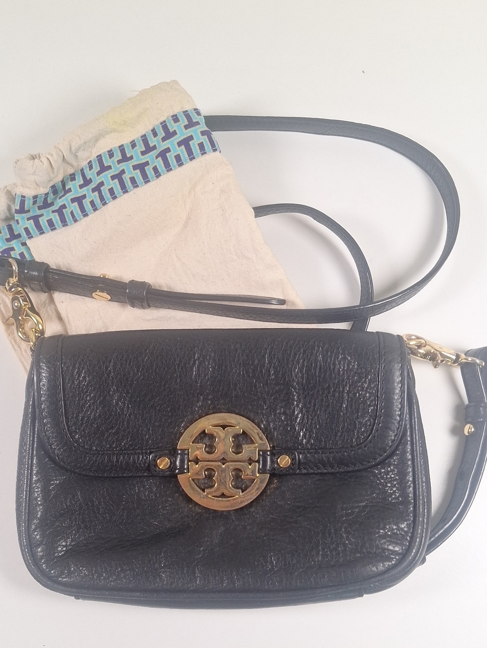 Tory Burch Mini Cross Body Black Pebbled Leather Logo Bag